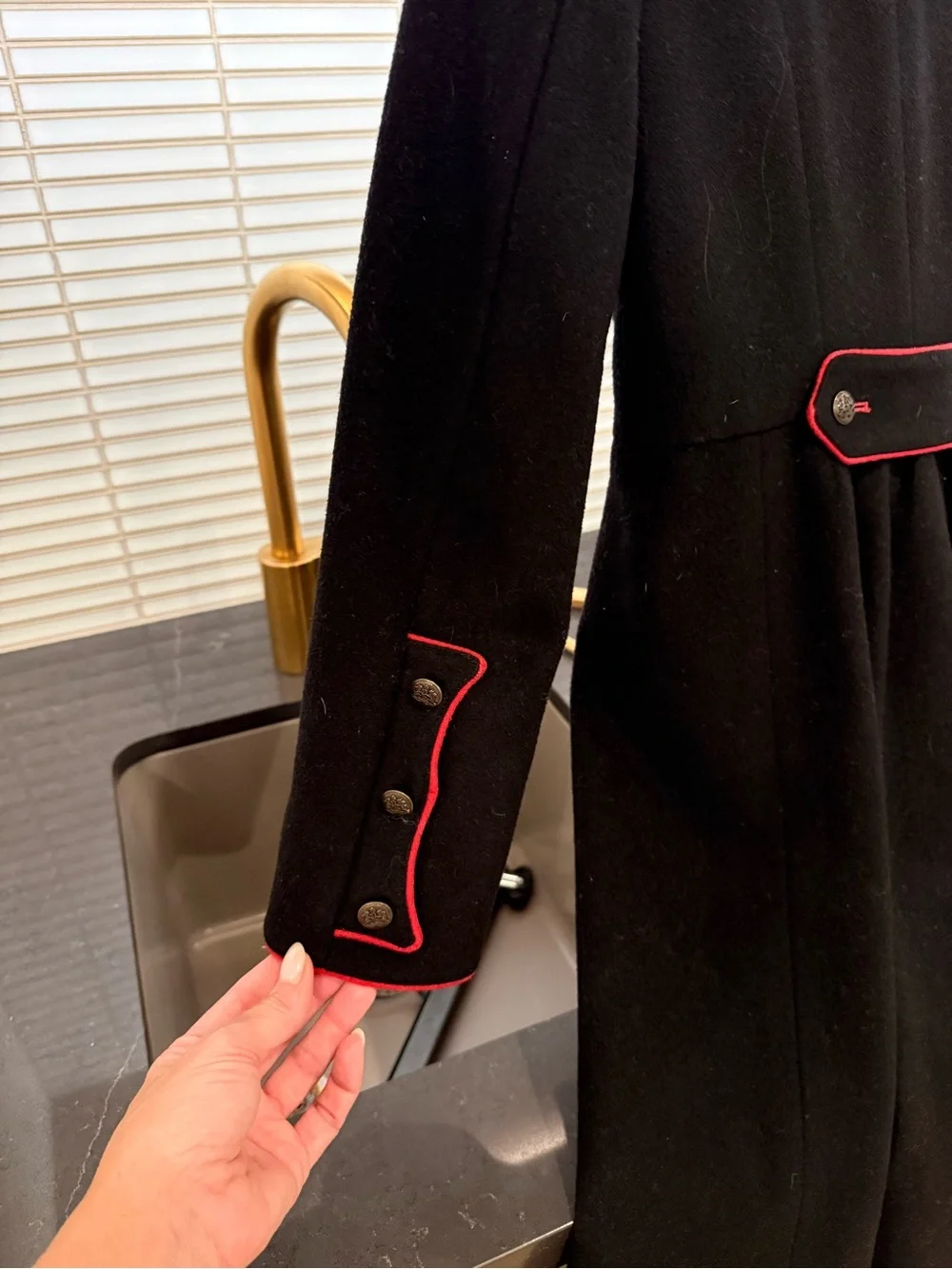 Ralph Lauren Beautiful Double Lined Wool Coat - Black with Red Trim Accents